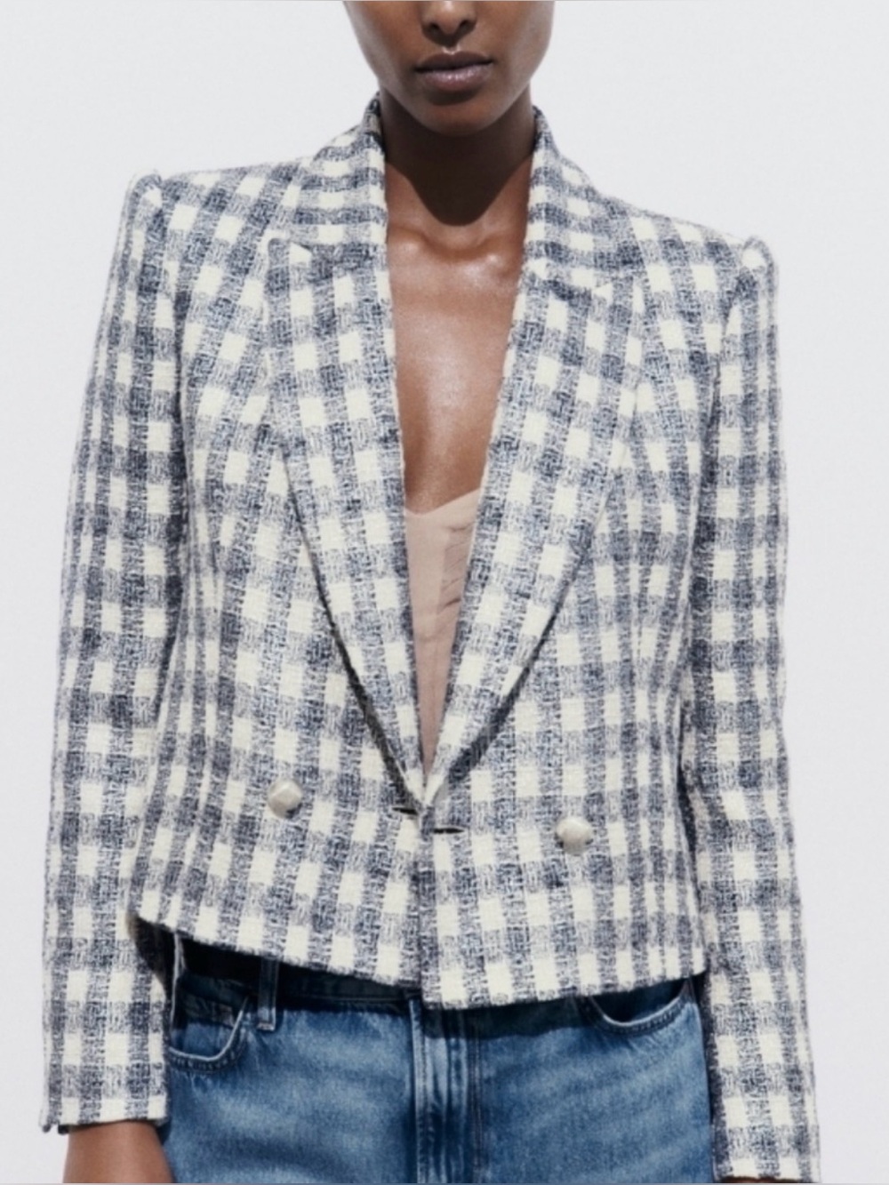 Zara Checked Metallic Double-Breasted Cropped Blazer Navy Silver Cream Medium